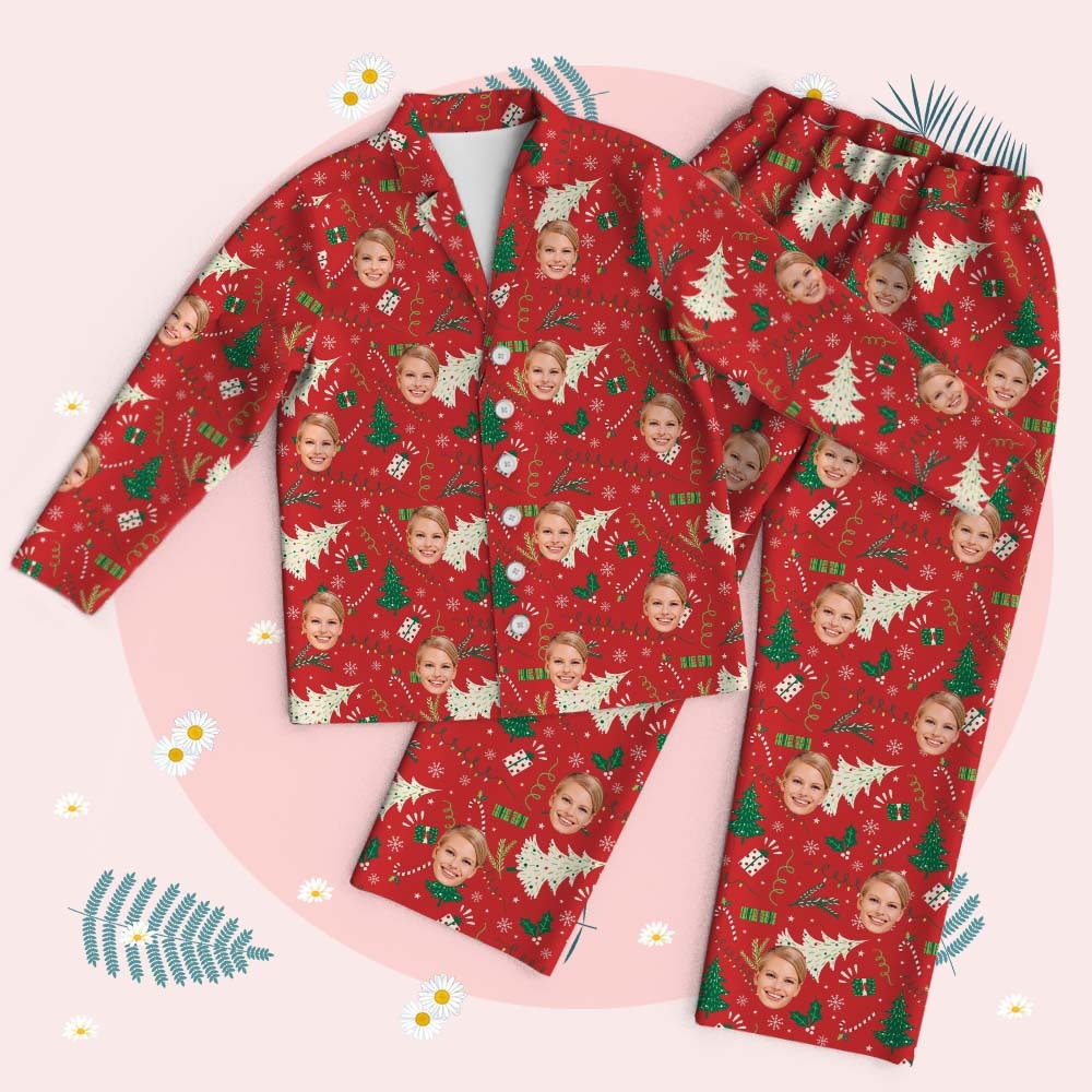 Custom Face Long Sleeve Sleepwear Christmas Face Pajamas Personalized Photo Red Palm Leaves Pajamas Gift - myfacesockseu