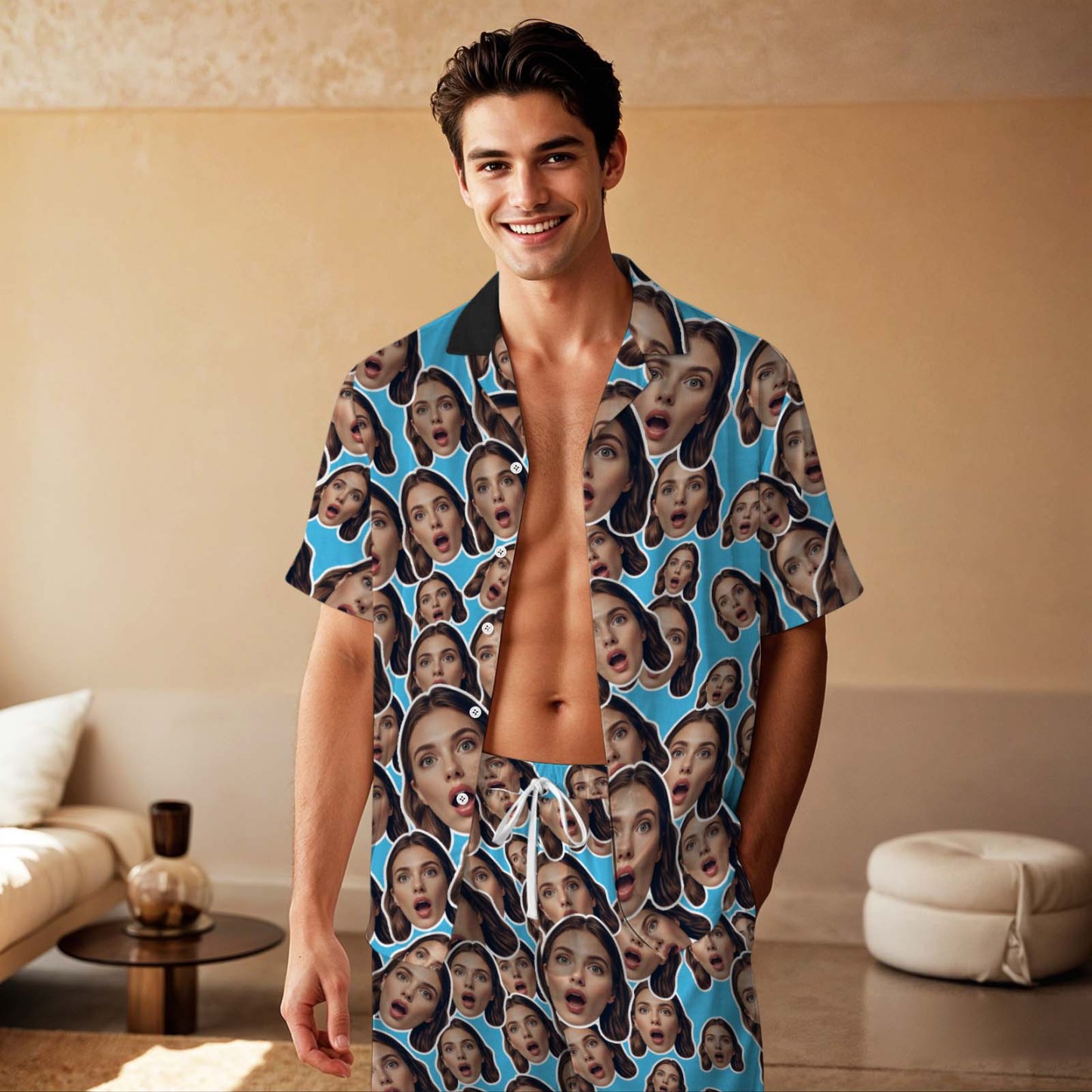 Custom Face Short Sleeved Pajamas Personalised BLue Sleepwear Love Gifts - myfacesockseu