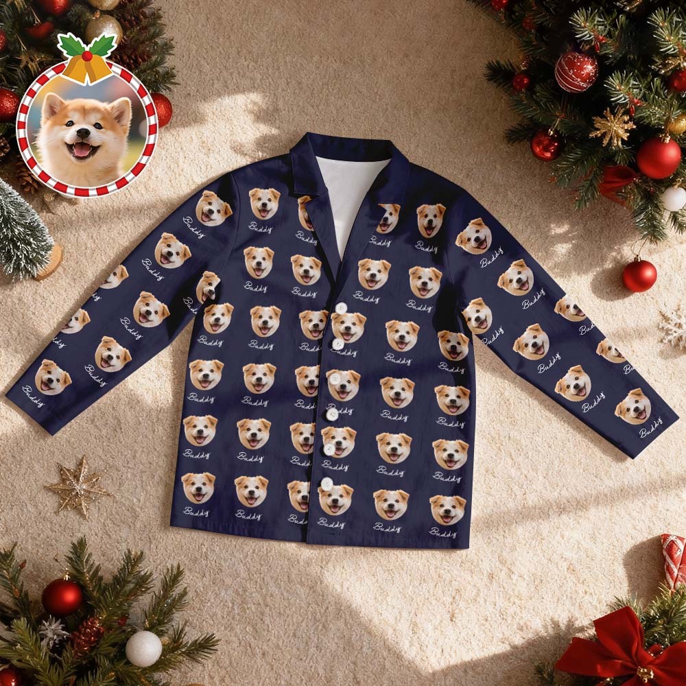 Custom Pet Face Christmas Blue Pajamas Personalized Dog Cat Long Sleeve PJs with Name Perfect Holiday Gift for Pet Lovers - myfacesockseu