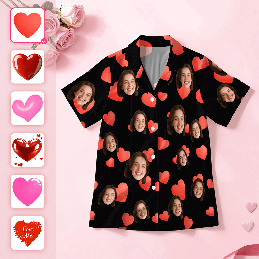 Custom Face Short Sleeve Pajamas Personalised Heart Face Couple Sleepwear Valentine Love Gifts For Her - myfacesockseu
