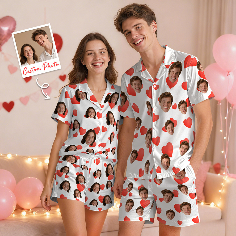 Custom Face Short Sleeve Pajamas Personalised Heart Face Couple Sleepwear Valentine Love Gifts For Her - myfacesockseu