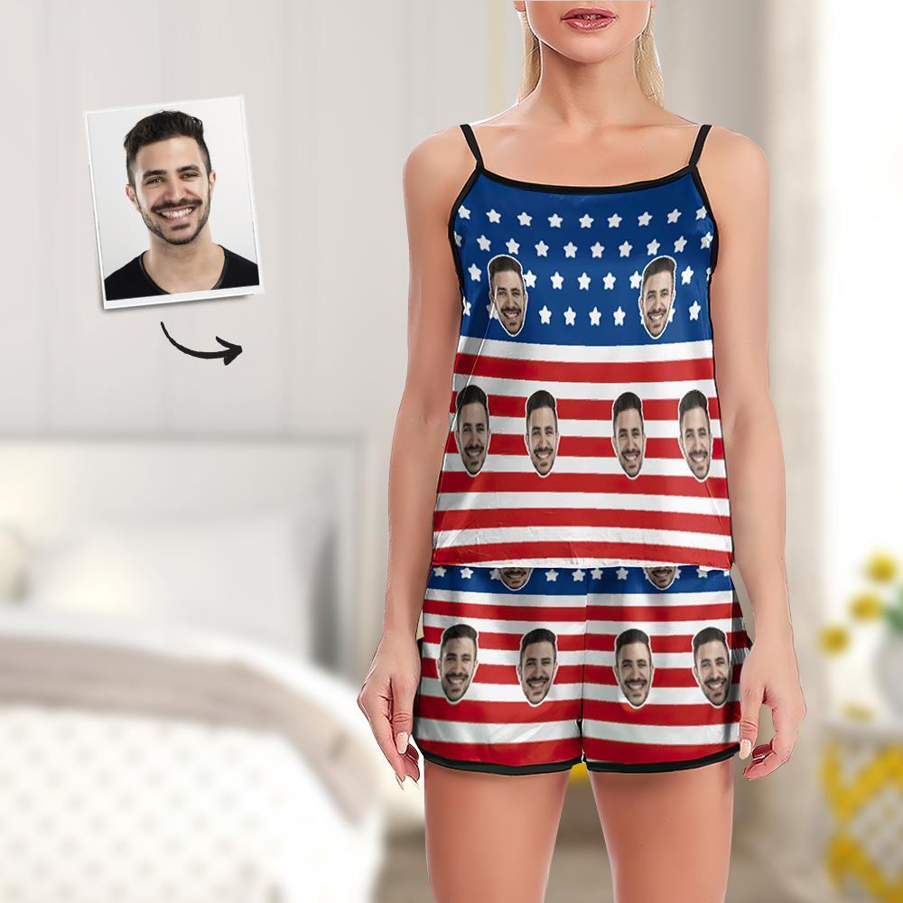 Custom Face Pajamas Suspender Sleepcoat Shorts Lingerie Set Summer Sleepwear - USA Flag - MyFaceSocksEU