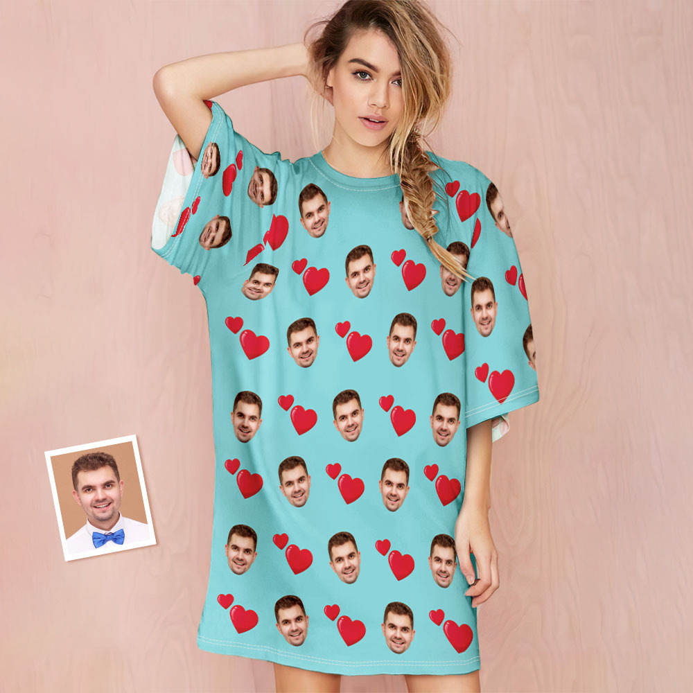 Custom Photo Face Nightdress Personalized Women's Oversized Nightshirt Heart Design Gifts - MyFaceSocksEU