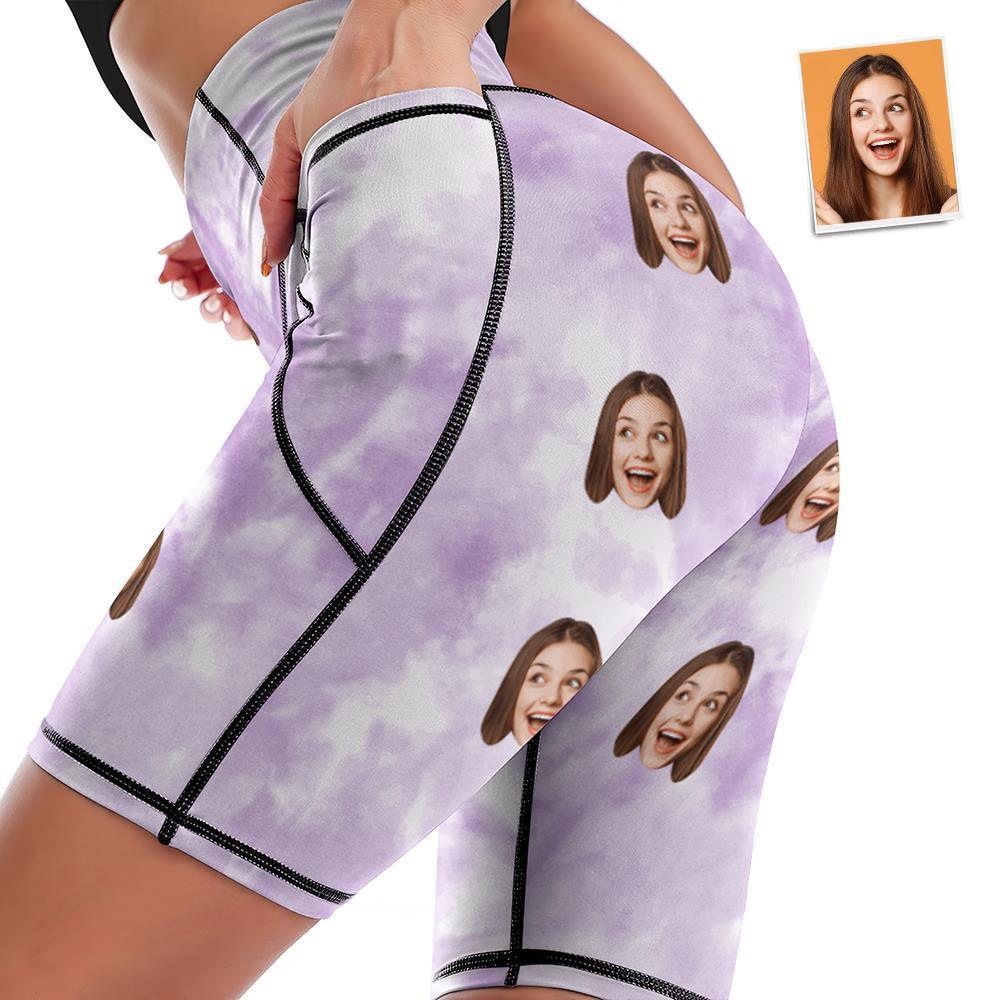 Custom Face Knee Length Tights Women's Yoga Shorts Running Leggings with Pockets - Light Purple Tie dye - MyFaceSocksEU