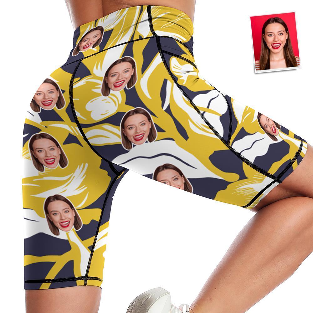 Custom Face Knee Length Tights Women's Yoga Shorts Running Leggings with Pockets - Yellow Flowers - MyFaceSocksEU