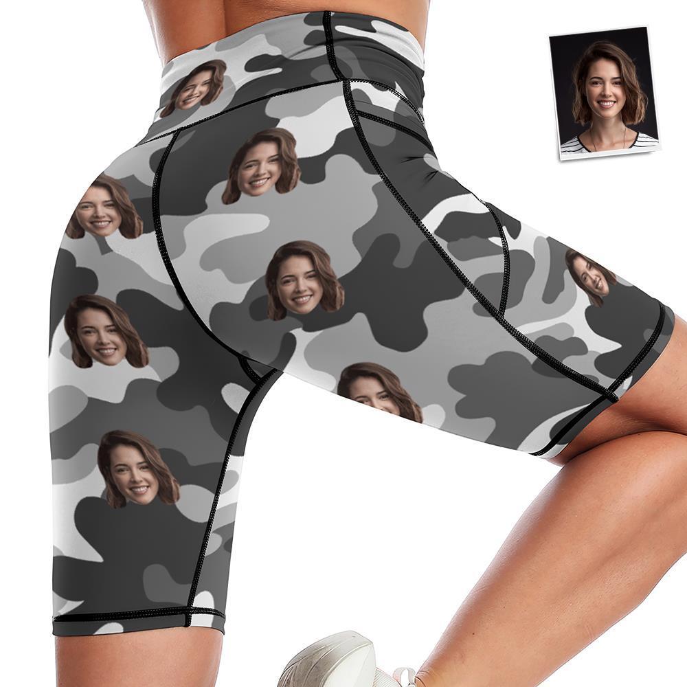 Custom Face Knee Length Tights Women's Yoga Shorts Running Leggings with Pockets - Grey Camouflage - MyFaceSocksEU