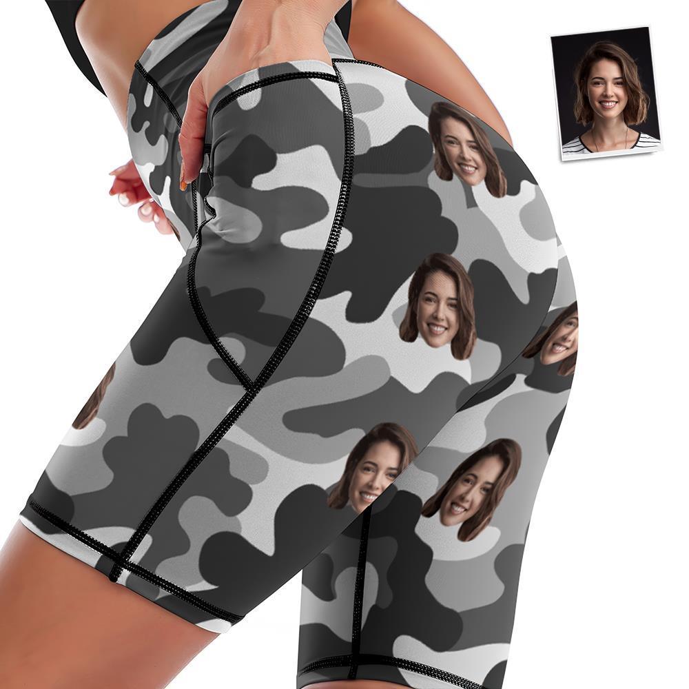 Custom Face Knee Length Tights Women's Yoga Shorts Running Leggings with Pockets - Grey Camouflage - MyFaceSocksEU