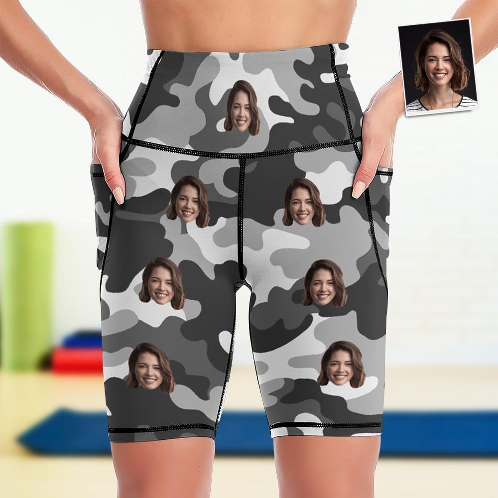 Custom Face Knee Length Tights Women's Yoga Shorts Running Leggings with Pockets - Grey Camouflage - MyFaceSocksEU