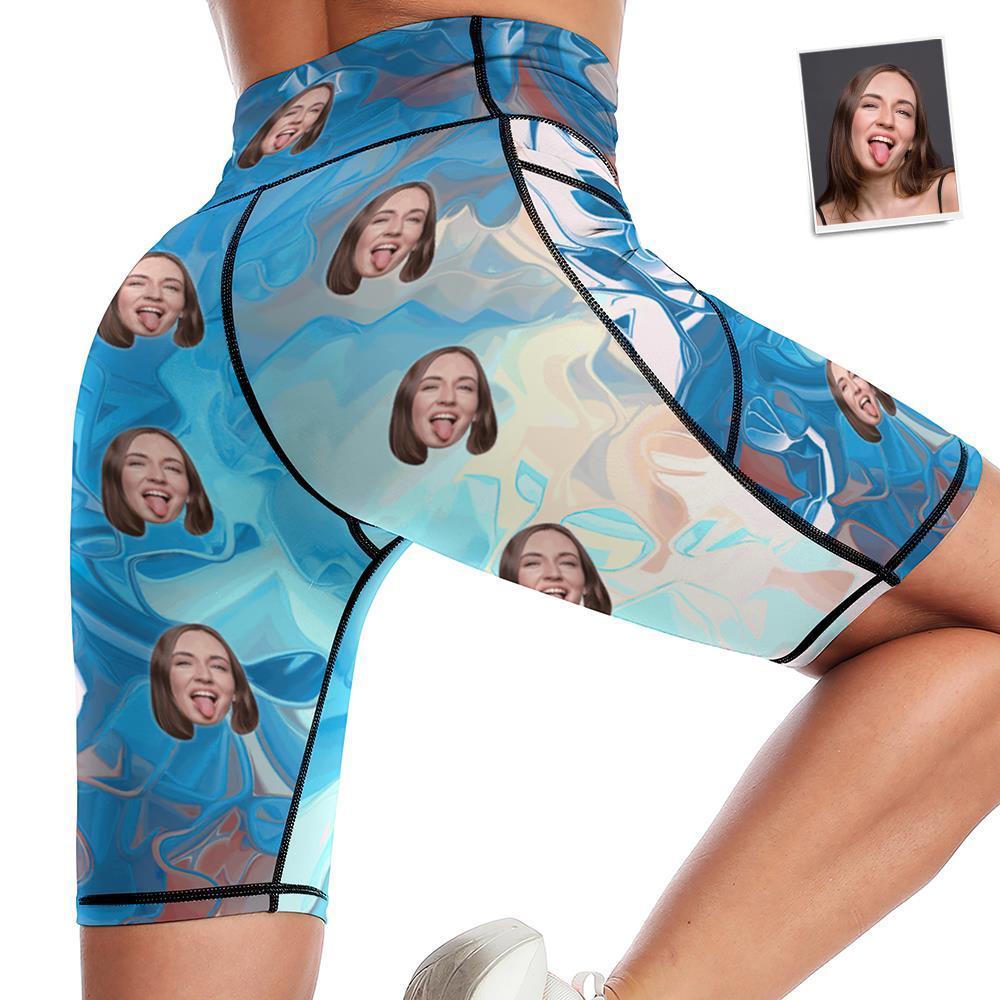 Custom Face Knee Length Tights Women's Yoga Shorts Running Leggings with Pockets - Blue Watercolor - MyFaceSocksEU