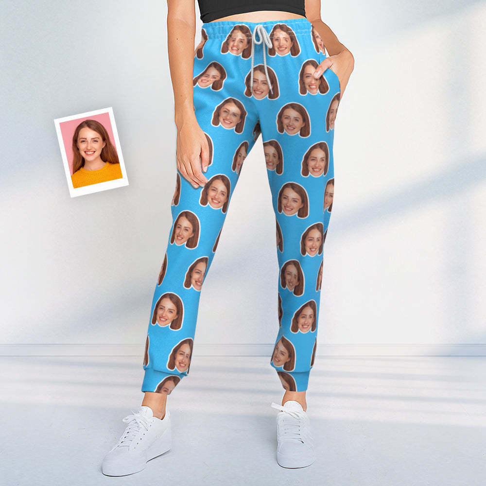 Custom Face Sweatpants Personalized Blue Unisex Joggers - Gift for Lover - MyFaceSocksEU