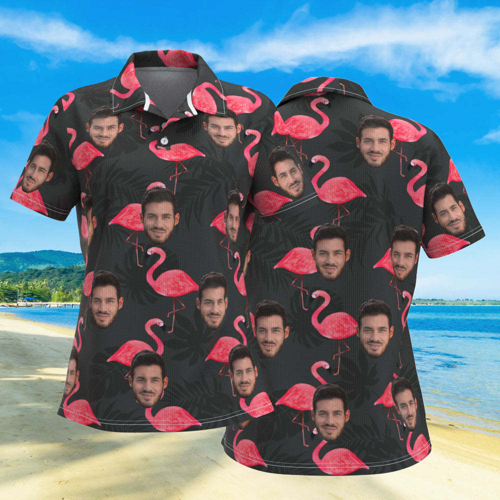 Custom Face Women Polo Shirts Personalized Flamingo and Monstera Leaves - MyFaceSocksEU