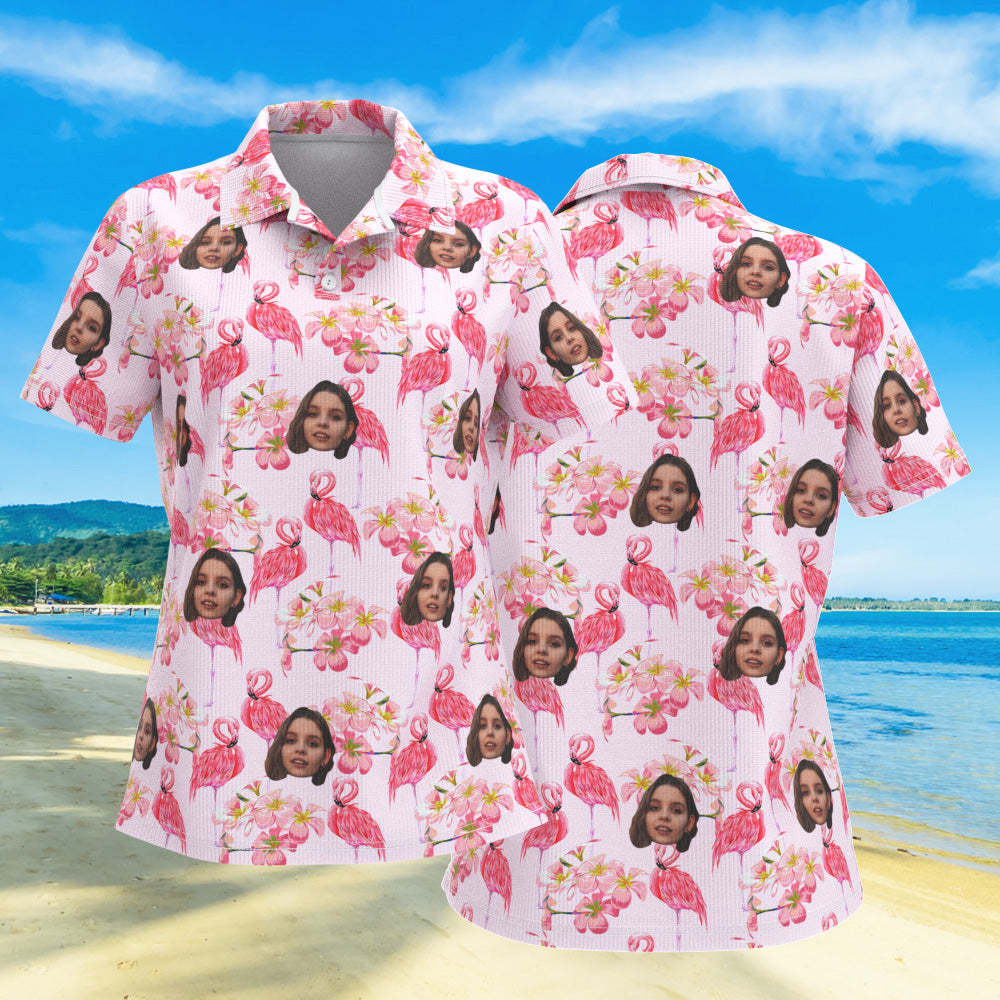 Custom Face Women Polo Shirts Personalized Pink Flamingo Leaves - MyFaceSocksEU