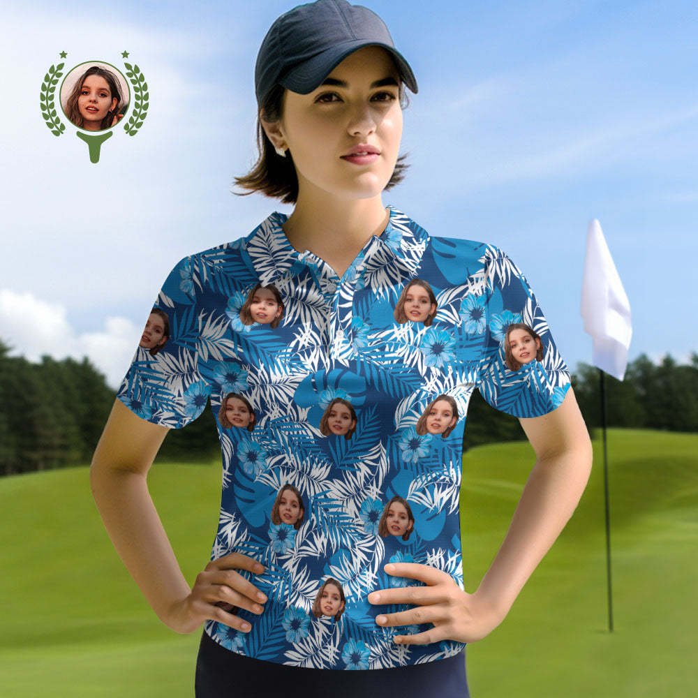 Custom Face Women Polo Shirts Personalized Photo Shirt Blue Flowers - MyFaceSocksEU