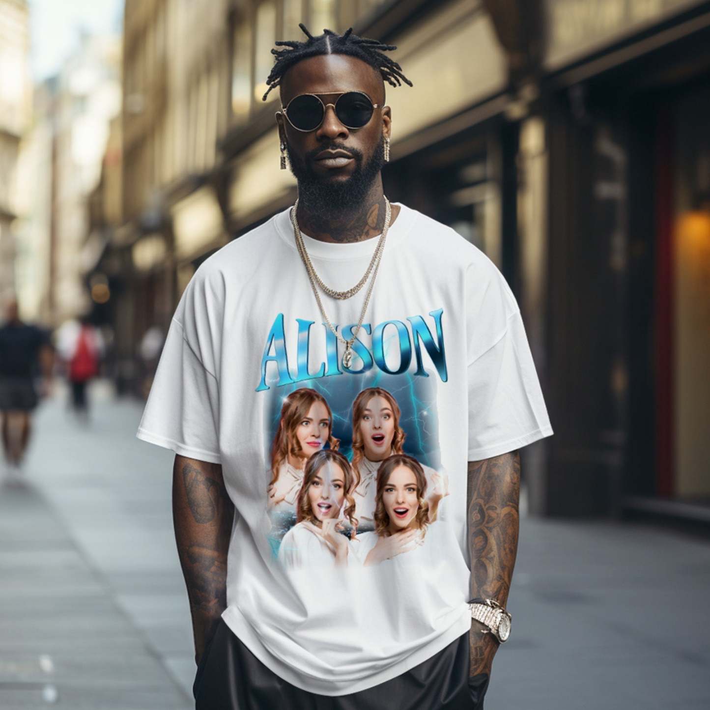 Custom Lightning Retro Photo And Name T-Shirt Special Gift For Couple - MyFaceSocksEU