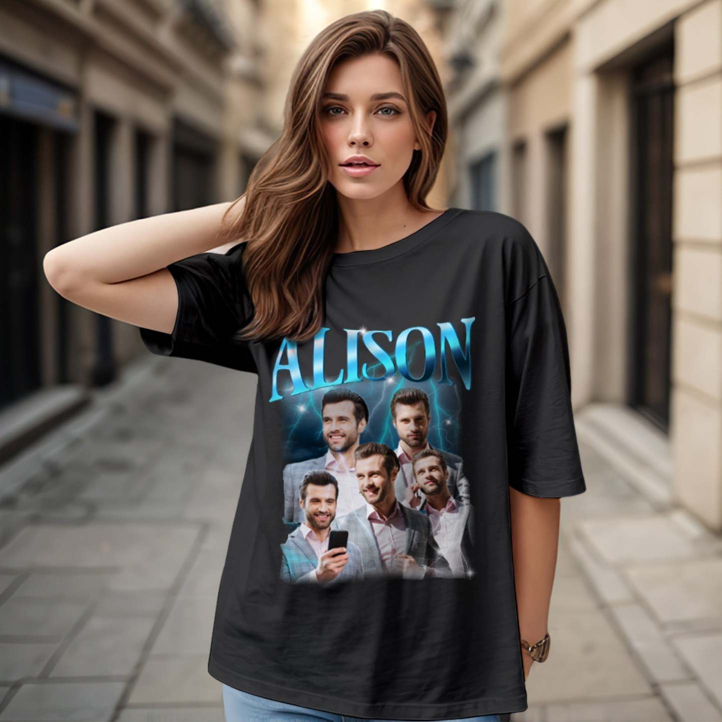 Custom Lightning Retro Photo And Name T-Shirt Special Gift For Couple - MyFaceSocksEU