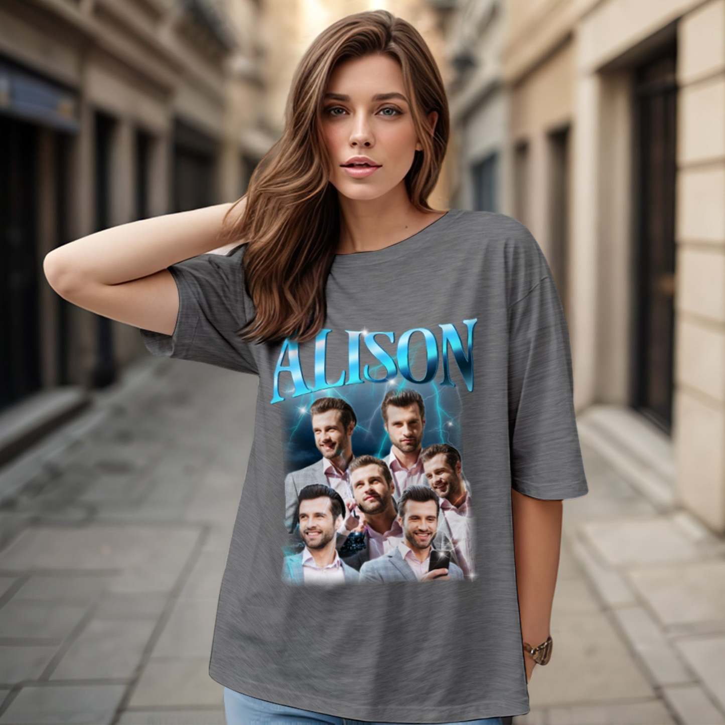 Custom Lightning Retro Photo And Name T-Shirt Special Gift For Couple - MyFaceSocksEU