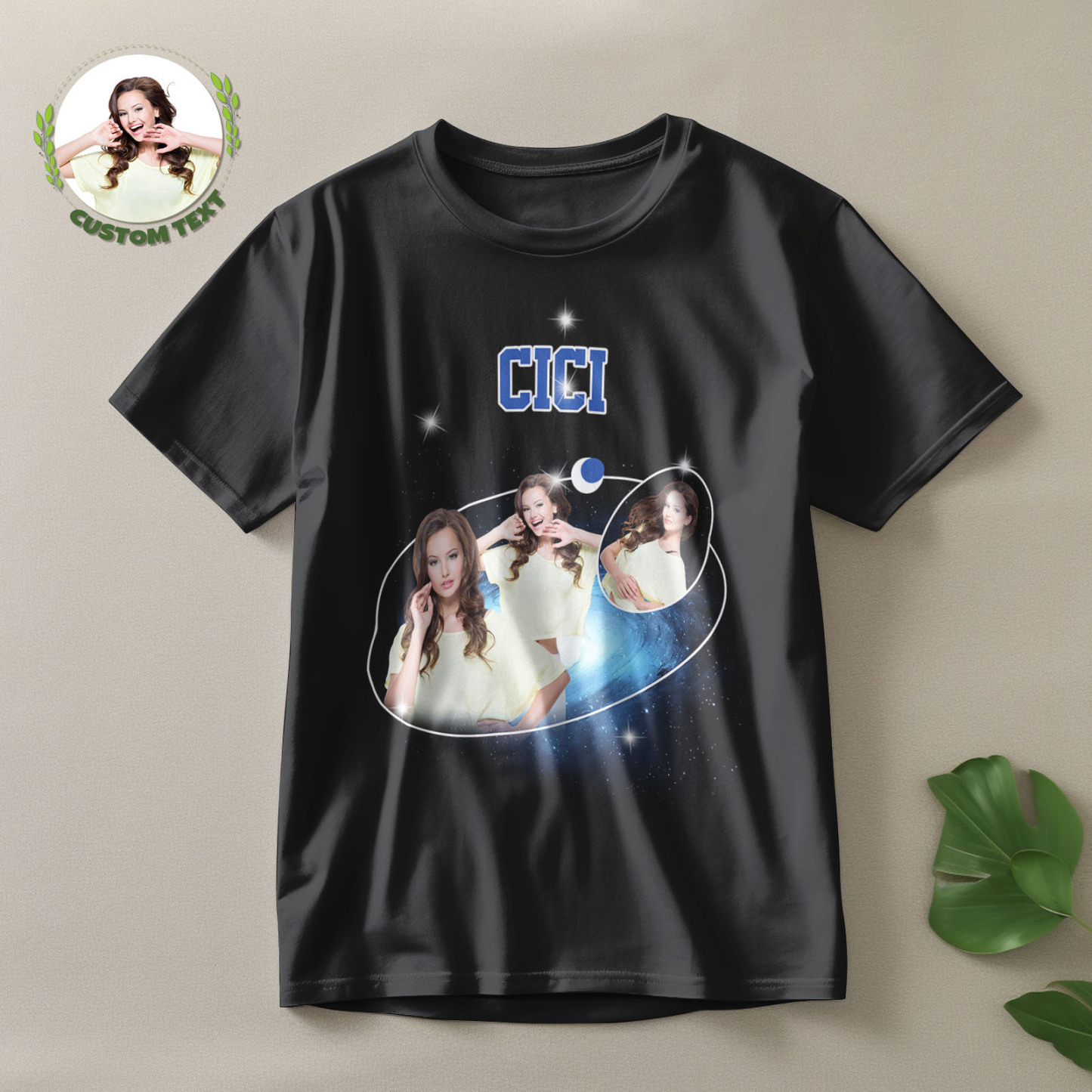 Custom Photo and Name Vintage T-Shirt Cosmic Galaxy and Crescent Moon Vintage T-Shirt Gift for Women - MyFaceSocksEU