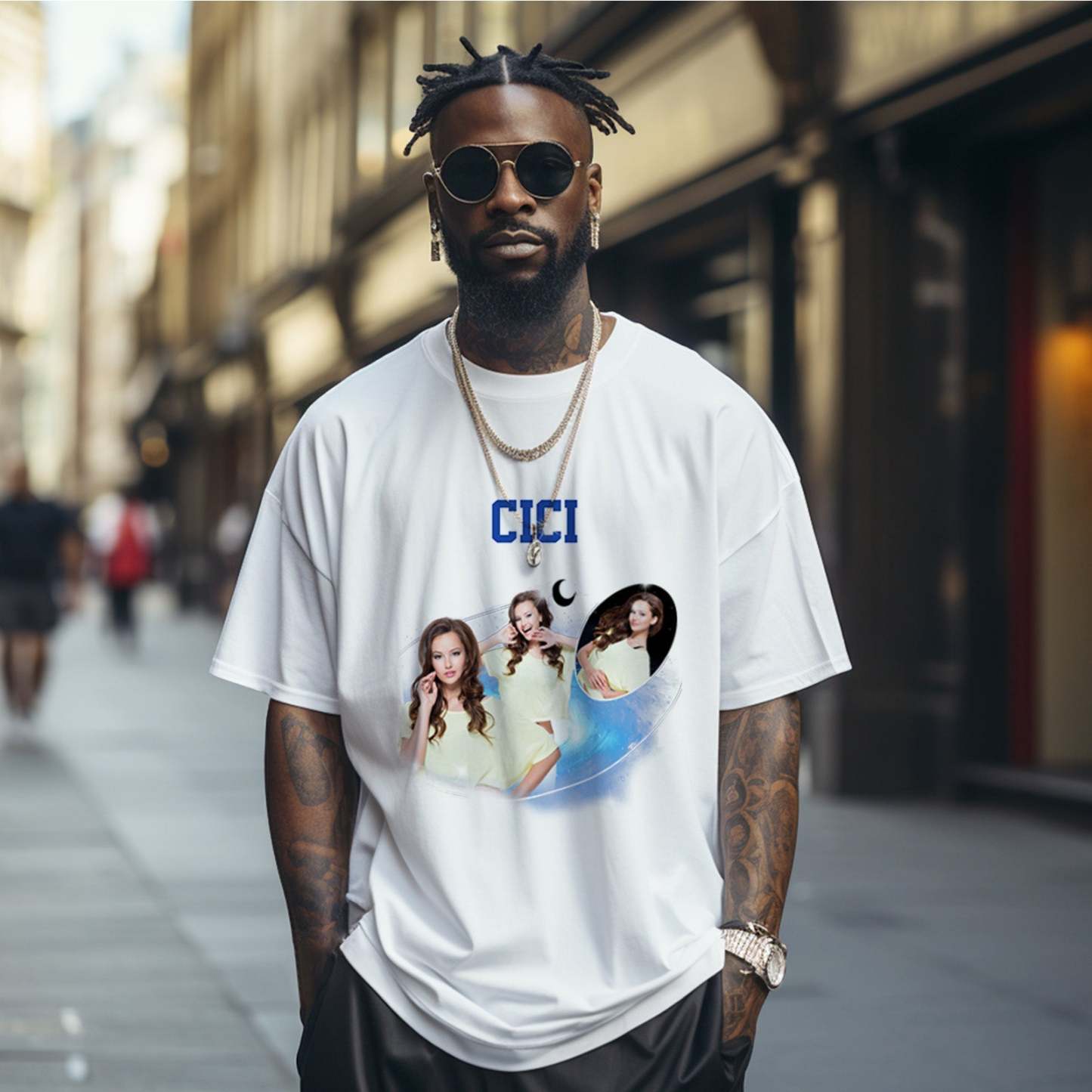 Custom Photo and Name Vintage T-Shirt Cosmic Galaxy and Crescent Moon Vintage T-Shirt Gift for Women - MyFaceSocksEU