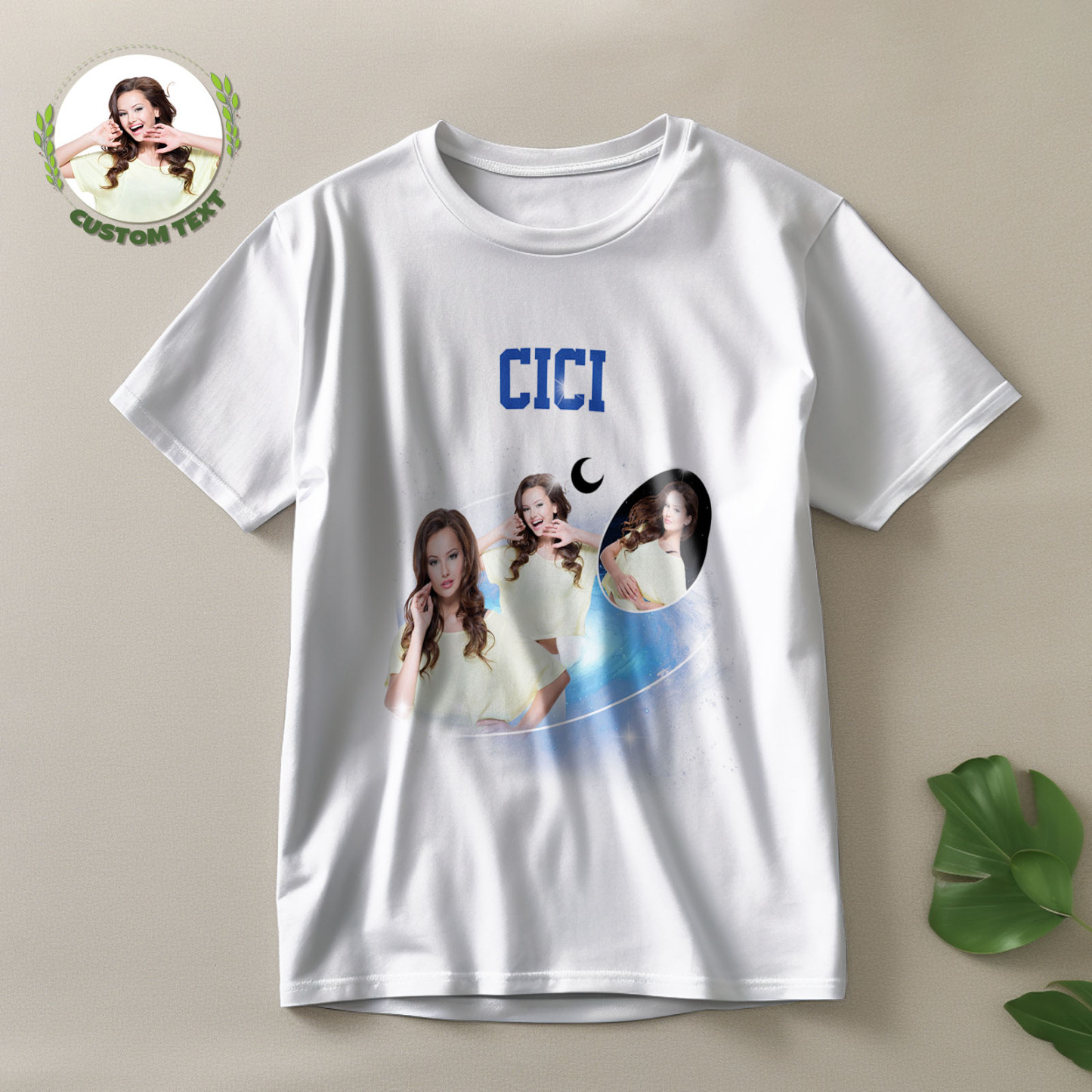 Custom Photo and Name Vintage T-Shirt Cosmic Galaxy and Crescent Moon Vintage T-Shirt Gift for Women - MyFaceSocksEU