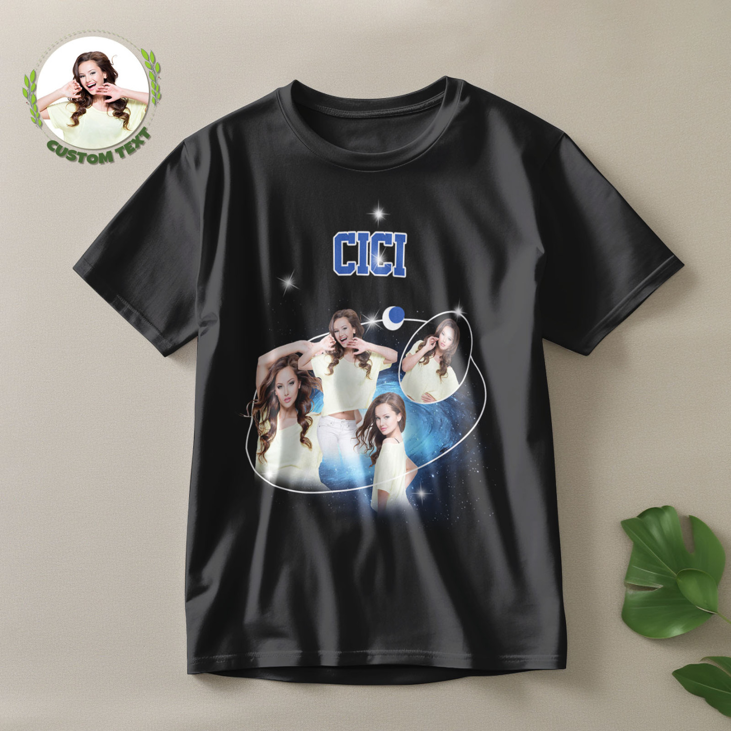 Custom Photo and Name Vintage T-Shirt Cosmic Galaxy and Crescent Moon Vintage T-Shirt Gift for Women - MyFaceSocksEU