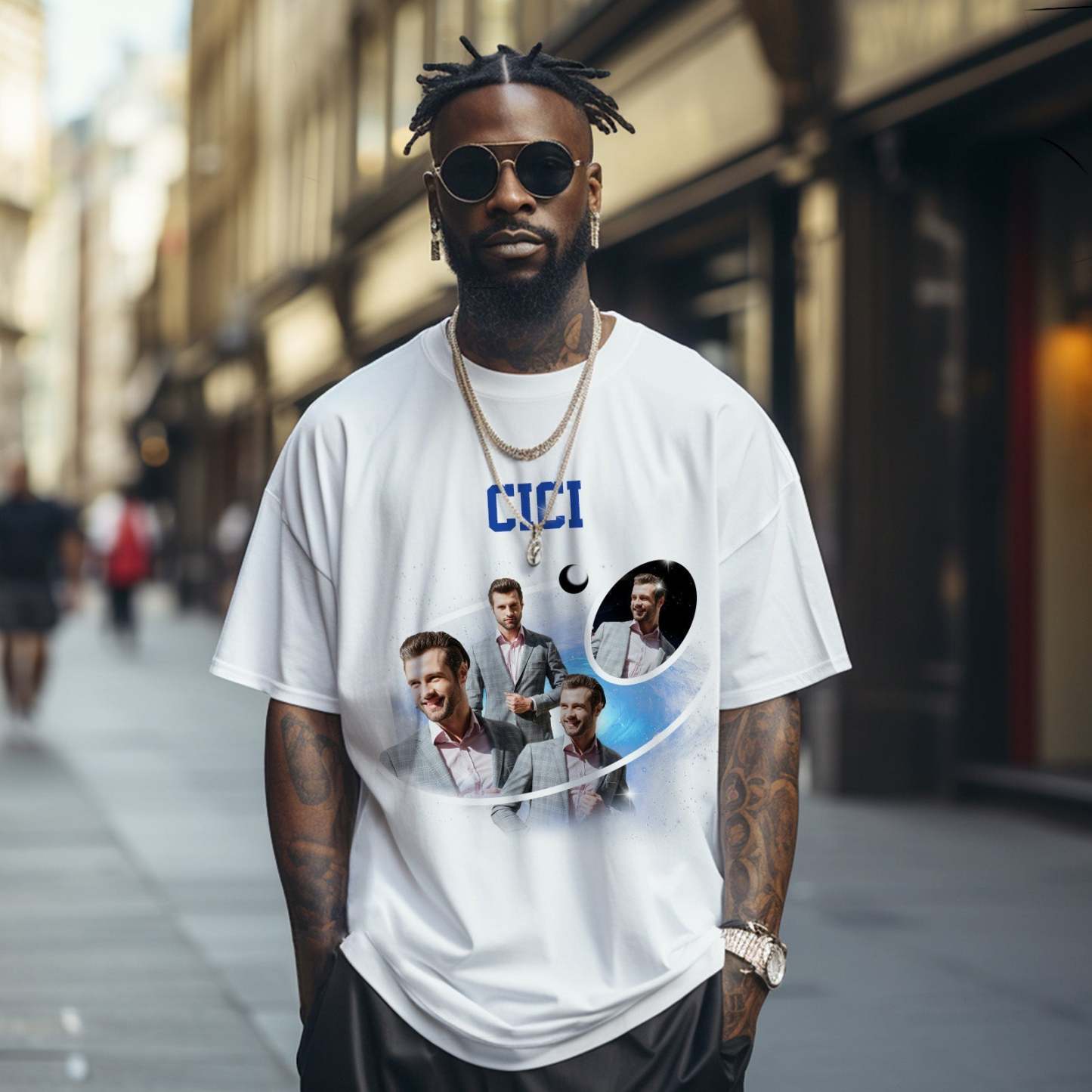 Custom Photo and Name Vintage T-Shirt Cosmic Galaxy and Crescent Moon Vintage T-Shirt Gift for Women - MyFaceSocksEU