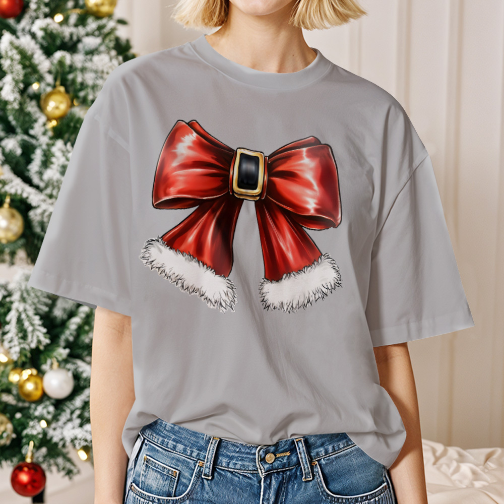Santa with Sunglasses Funky Tee Cute Christmas Shirt Lights Pink Coquette bow - myfacesockseu
