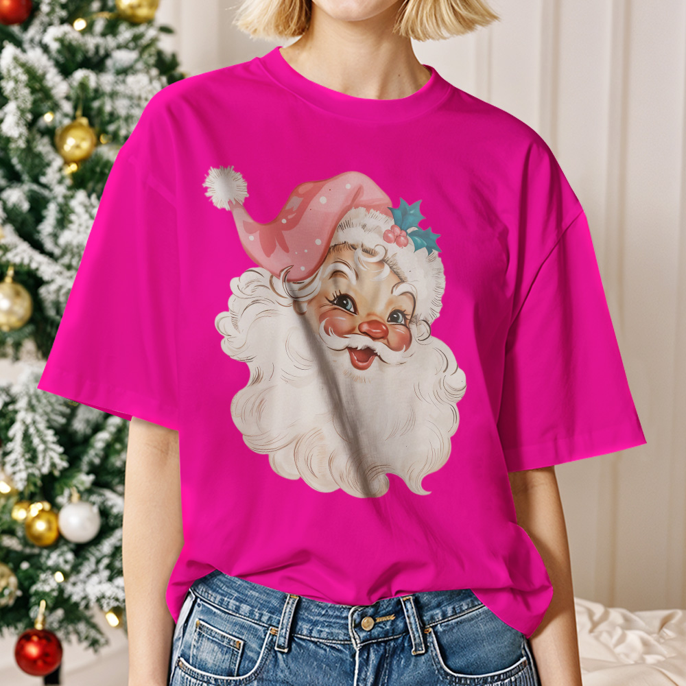 Santa with Sunglasses Funky Tee Cute Christmas Shirt Lights Pink Coquette bow