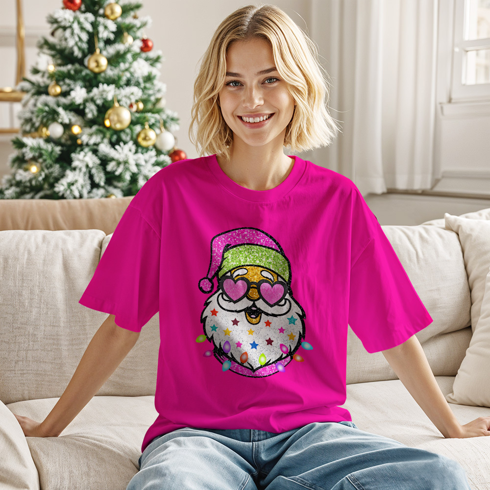 Santa with Sunglasses Funky Tee Cute Christmas Shirt Lights Pink Coquette bow - myfacesockseu