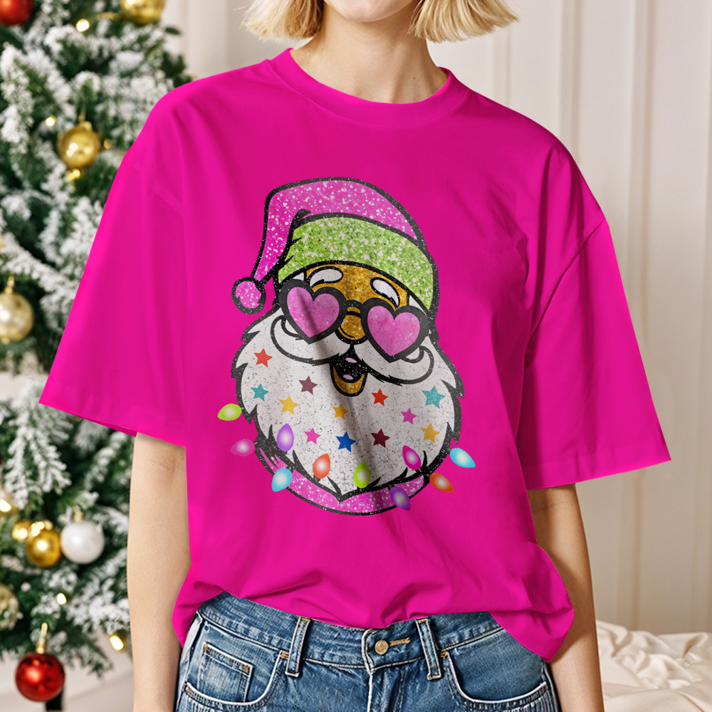 Santa with Sunglasses Funky Tee Cute Christmas Shirt Lights Pink Coquette bow