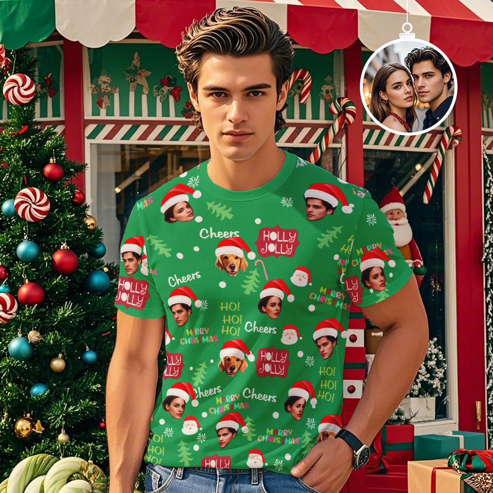 Custom Face T-shirt Santa Colorful Light Tree Tshirt Lights Xmas Funny T-Shirt - myfacesockseu
