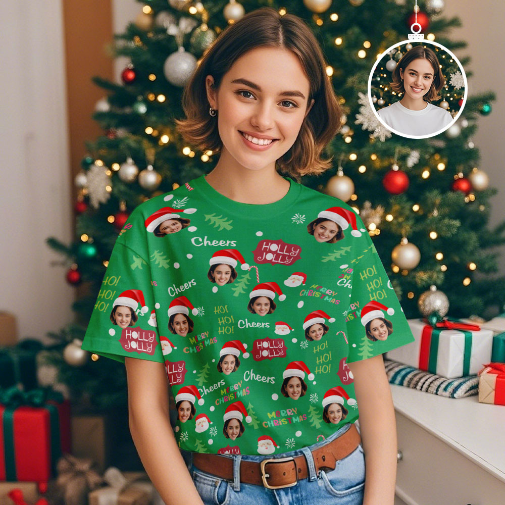 Custom Face T-shirt Santa Colorful Light Tree Tshirt Lights Xmas Funny T-Shirt - myfacesockseu