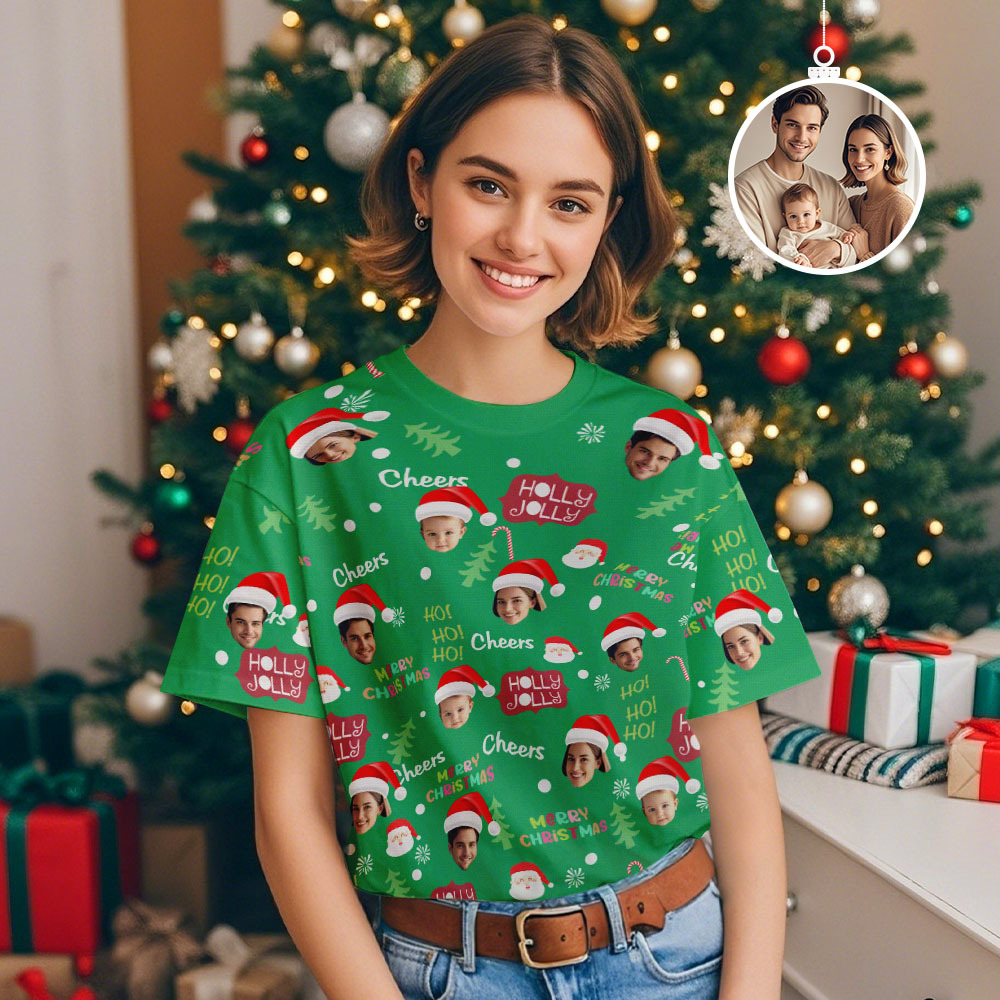 Custom Face T-shirt Santa Colorful Light Tree Tshirt Lights Xmas Funny T-Shirt - myfacesockseu