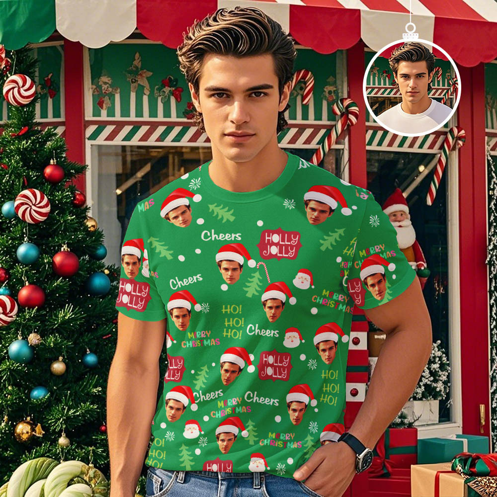 Custom Face T-shirt Santa Colorful Light Tree Tshirt Lights Xmas Funny T-Shirt - myfacesockseu