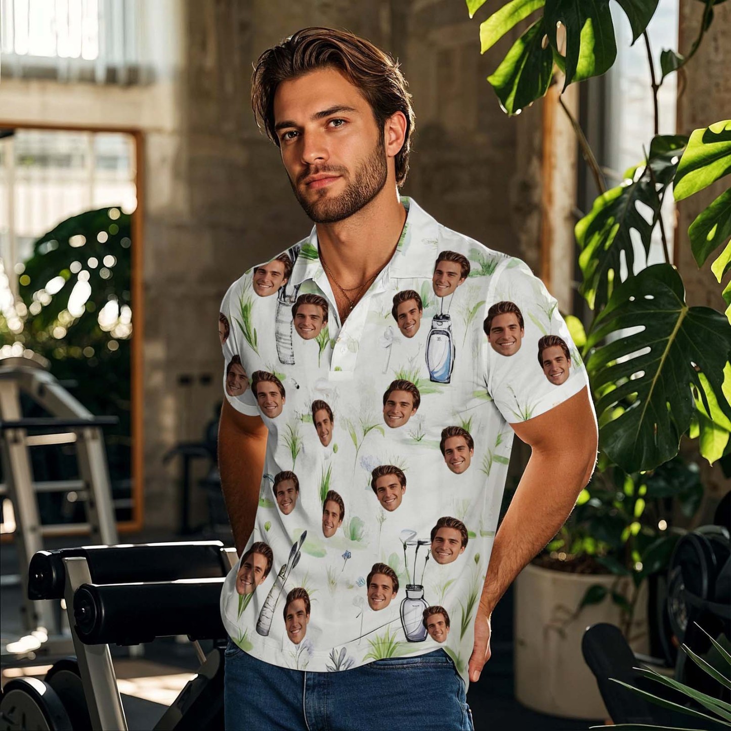Custom Face Polo Shirt for Golfer Face on Shirt Gifts for Husband Personalized Green Palm leaves Short Sleeve Golf Shirt - myfacesockseu