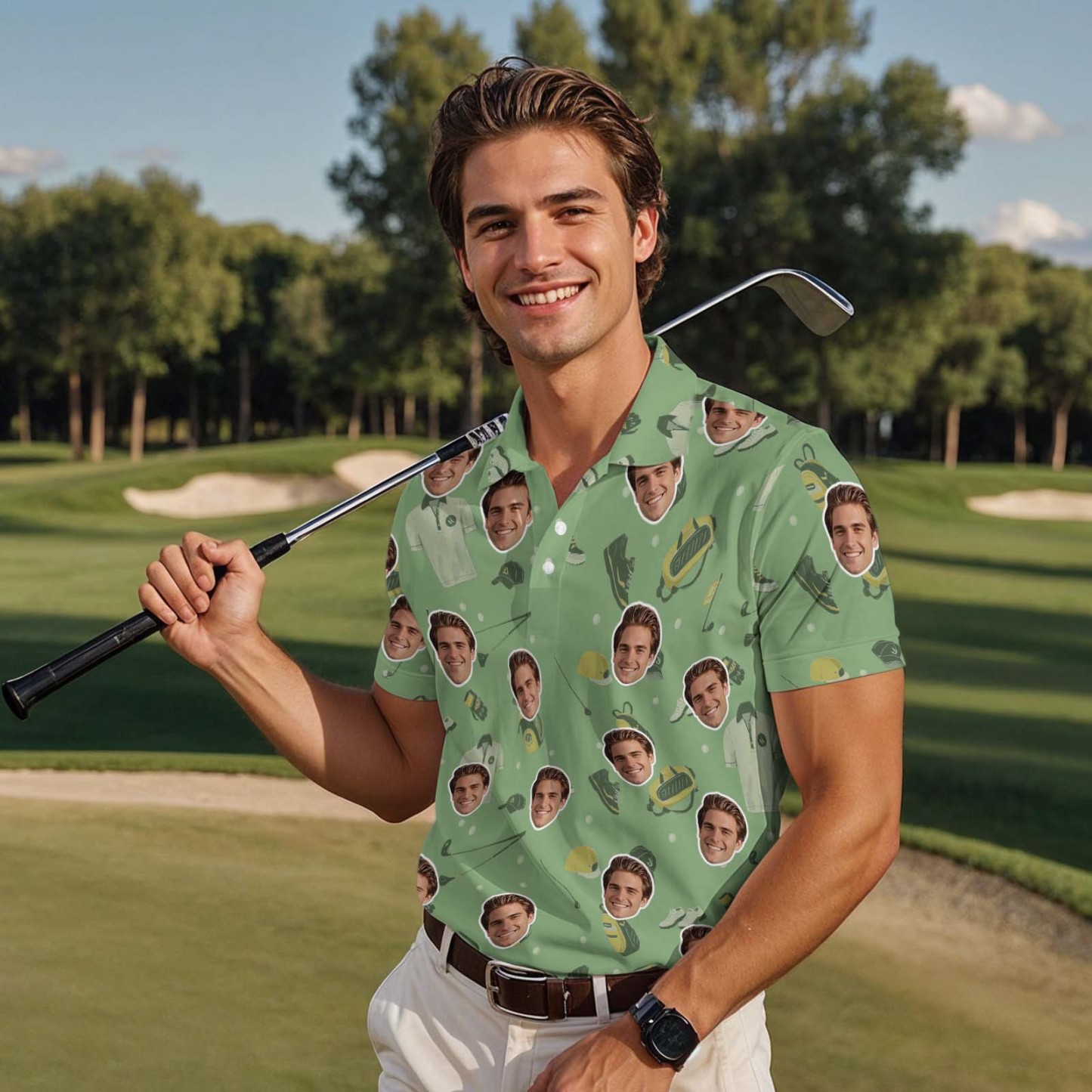 Custom Face Polo Shirt for Golfer Face on Shirt Gifts for Husband Personalized Green Palm leaves Short Sleeve Golf Shirt - myfacesockseu