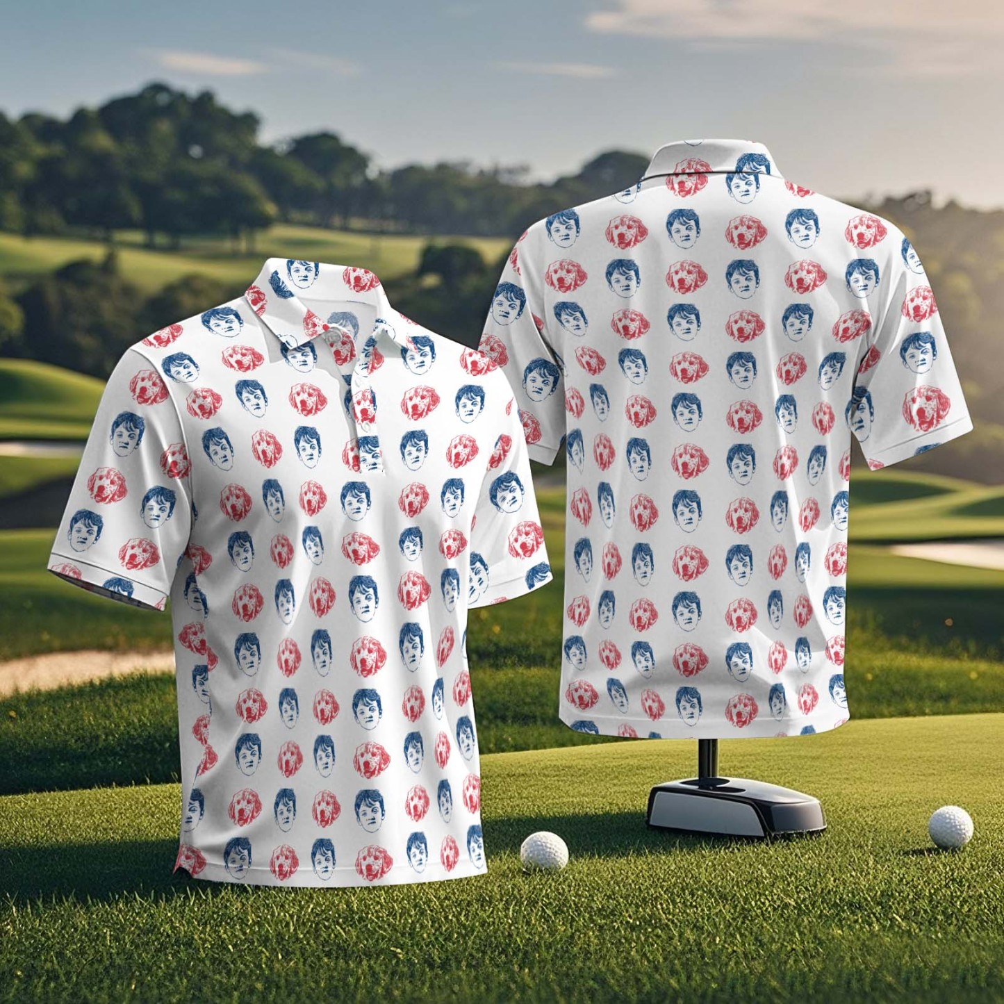 Custom Face Polo Shirt for Golfer Face on Shirt Gifts for Husband Personalized Green Palm leaves Short Sleeve Golf Shirt - myfacesockseu