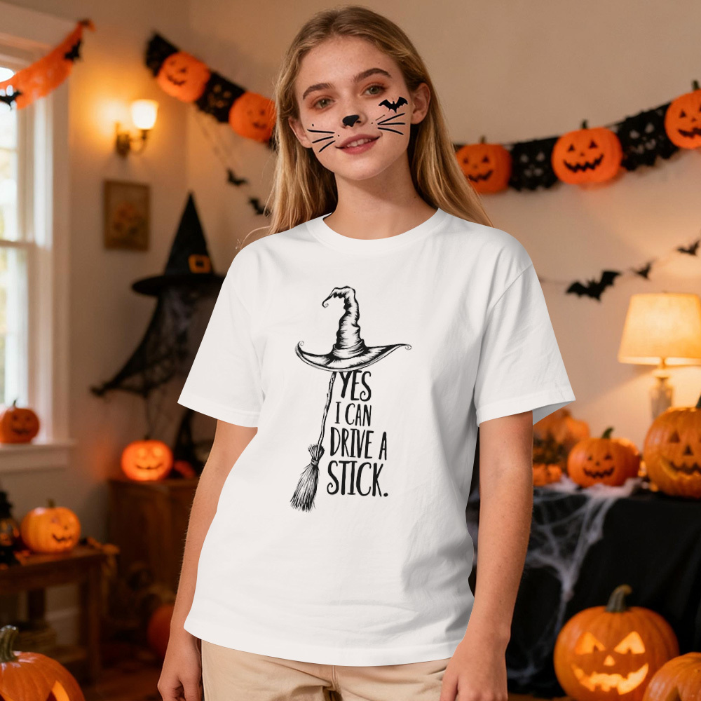 Yes I Can Drive A Stick T Shirt, Funny Halloween Witch Tee for Women, Spooky Party Shirt, Cute Halloween Gift Top, Witchy Costume Outfit - myfacesockseu