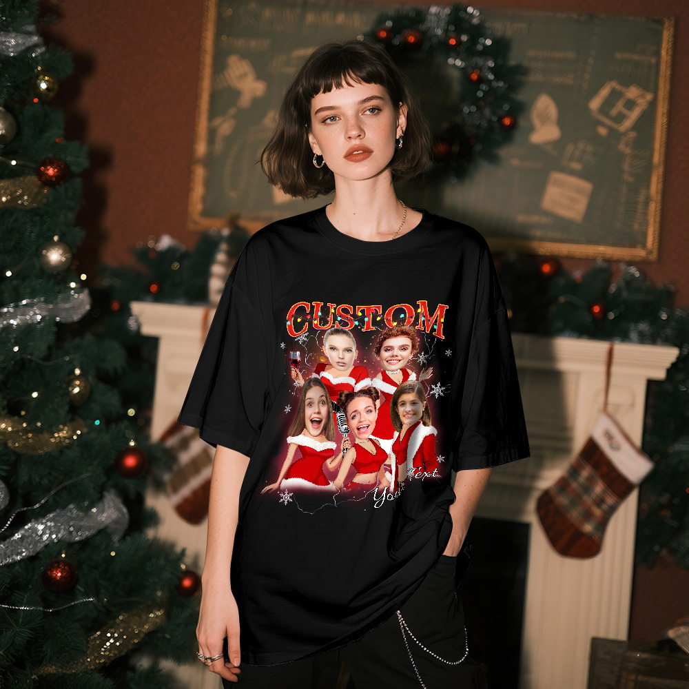 Custom Vintage Christmas T-Shirt with Photo Personalized Santa Light Shirt  Funny Holiday Tee Gift for Family & Friends - myfacesockseu