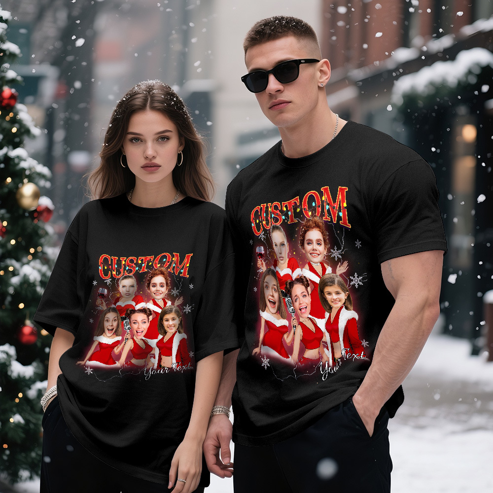 Custom Vintage Christmas T-Shirt with Photo Personalized Santa Light Shirt  Funny Holiday Tee Gift for Family & Friends - myfacesockseu