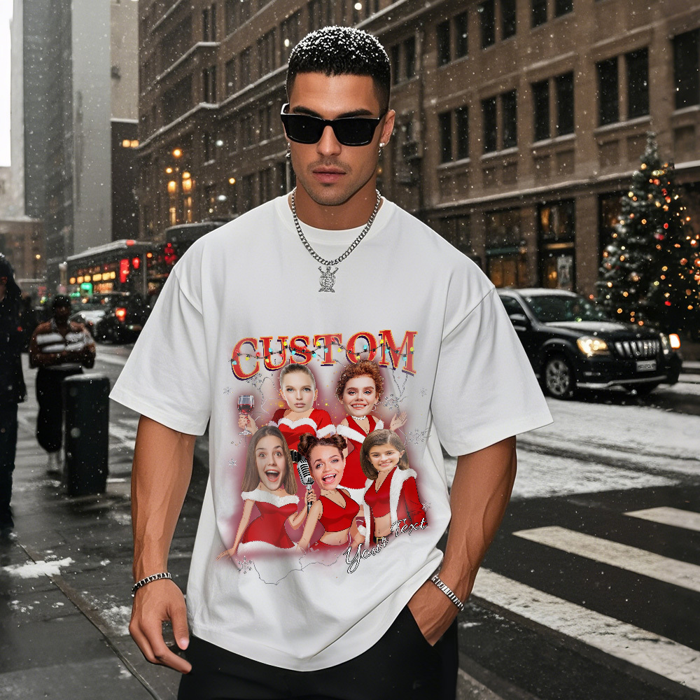 Custom Vintage Christmas T-Shirt with Photo Personalized Santa Light Shirt  Funny Holiday Tee Gift for Family & Friends - myfacesockseu