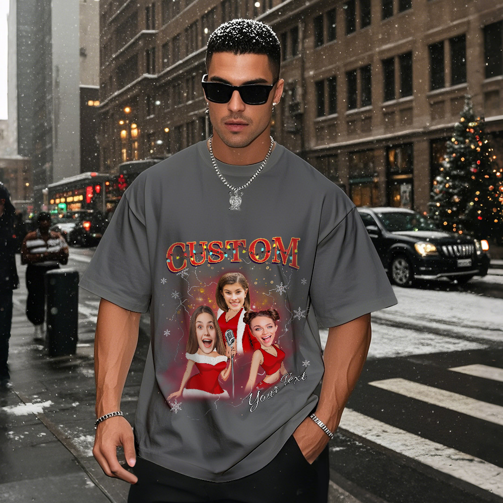 Custom Vintage Christmas T-Shirt with Photo Personalized Santa Light Shirt  Funny Holiday Tee Gift for Family & Friends - myfacesockseu