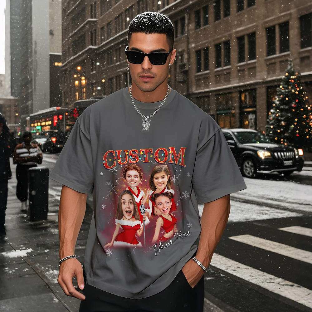 Custom Vintage Christmas T-Shirt with Photo Personalized Santa Light Shirt  Funny Holiday Tee Gift for Family & Friends - myfacesockseu