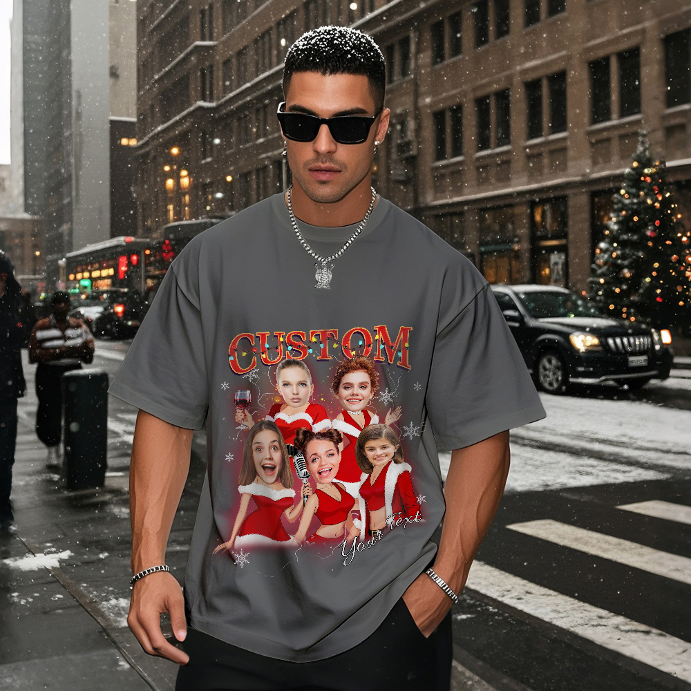 Custom Vintage Christmas T-Shirt with Photo Personalized Santa Light Shirt  Funny Holiday Tee Gift for Family & Friends - myfacesockseu