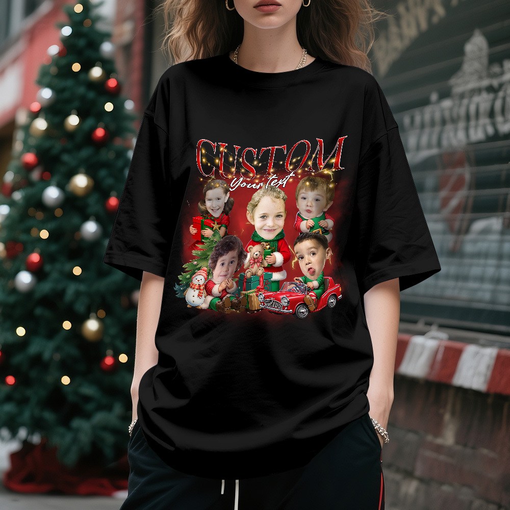 Custom Santa Photo Tee Retro Christmas Shirt Cute Christmas Kids Shirt Funny Personalized Xmas Gift for Couples Friends - myfacesockseu