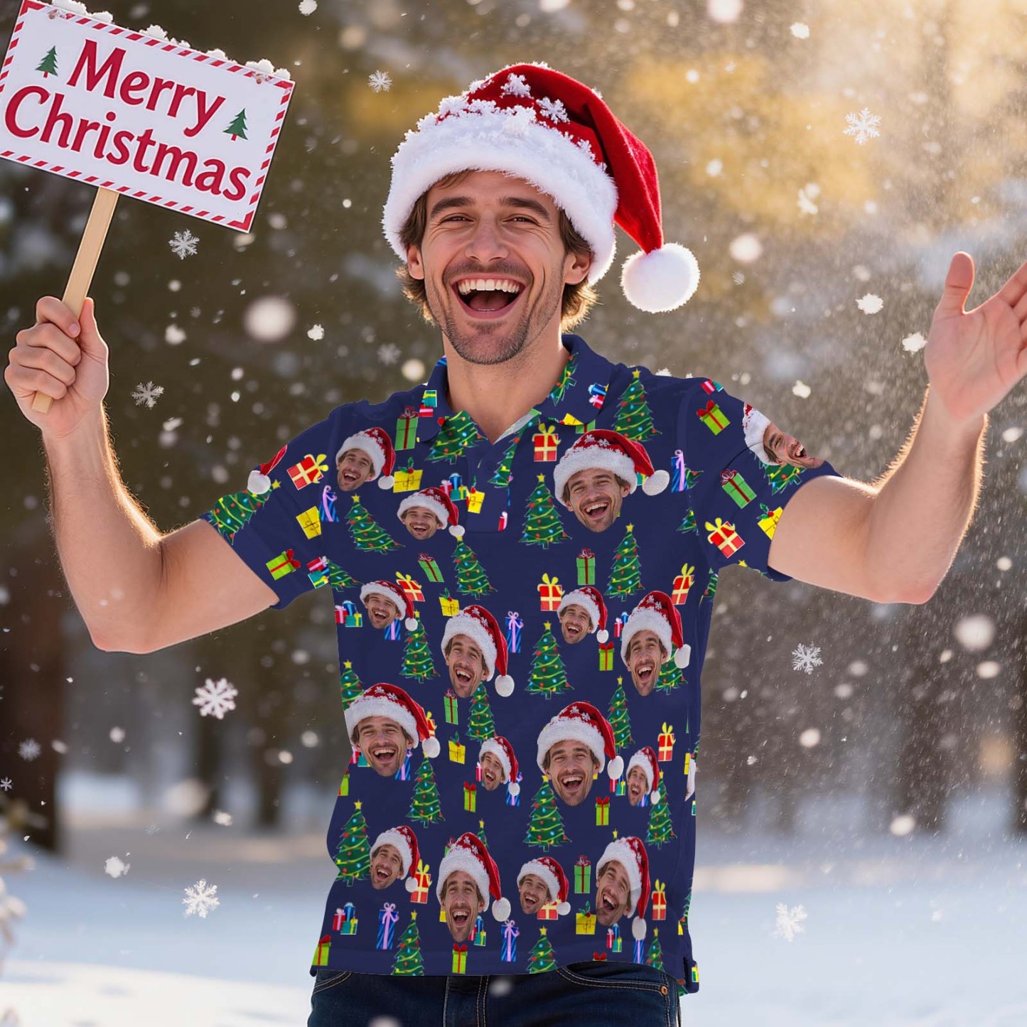 Custom Face Christmas Green Gift Box Christmas Polo Shirt Personalized Golf Shirt for Men Holiday Gifts - myfacesockseu