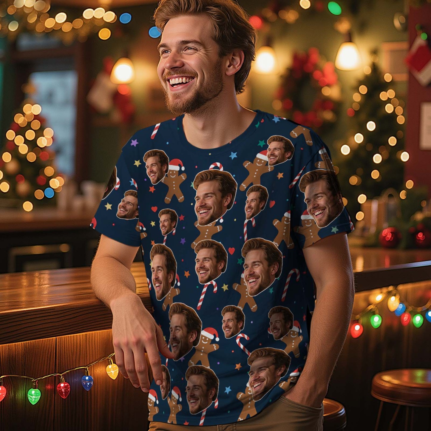 Custom Christmas T-Shirt with Photo Gingerbread Design Personalized Holiday Tee for Family Friends Couples Christmas Gift - myfacesockseu