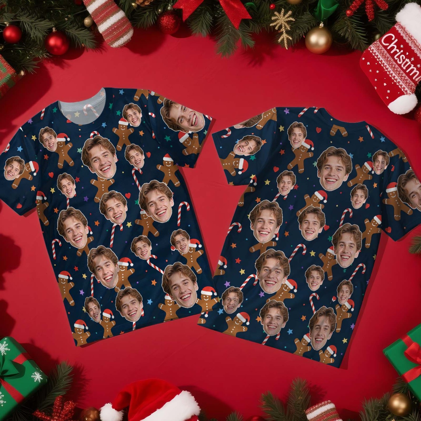 Custom Christmas T-Shirt with Photo Gingerbread Design Personalized Holiday Tee for Family Friends Couples Christmas Gift - myfacesockseu