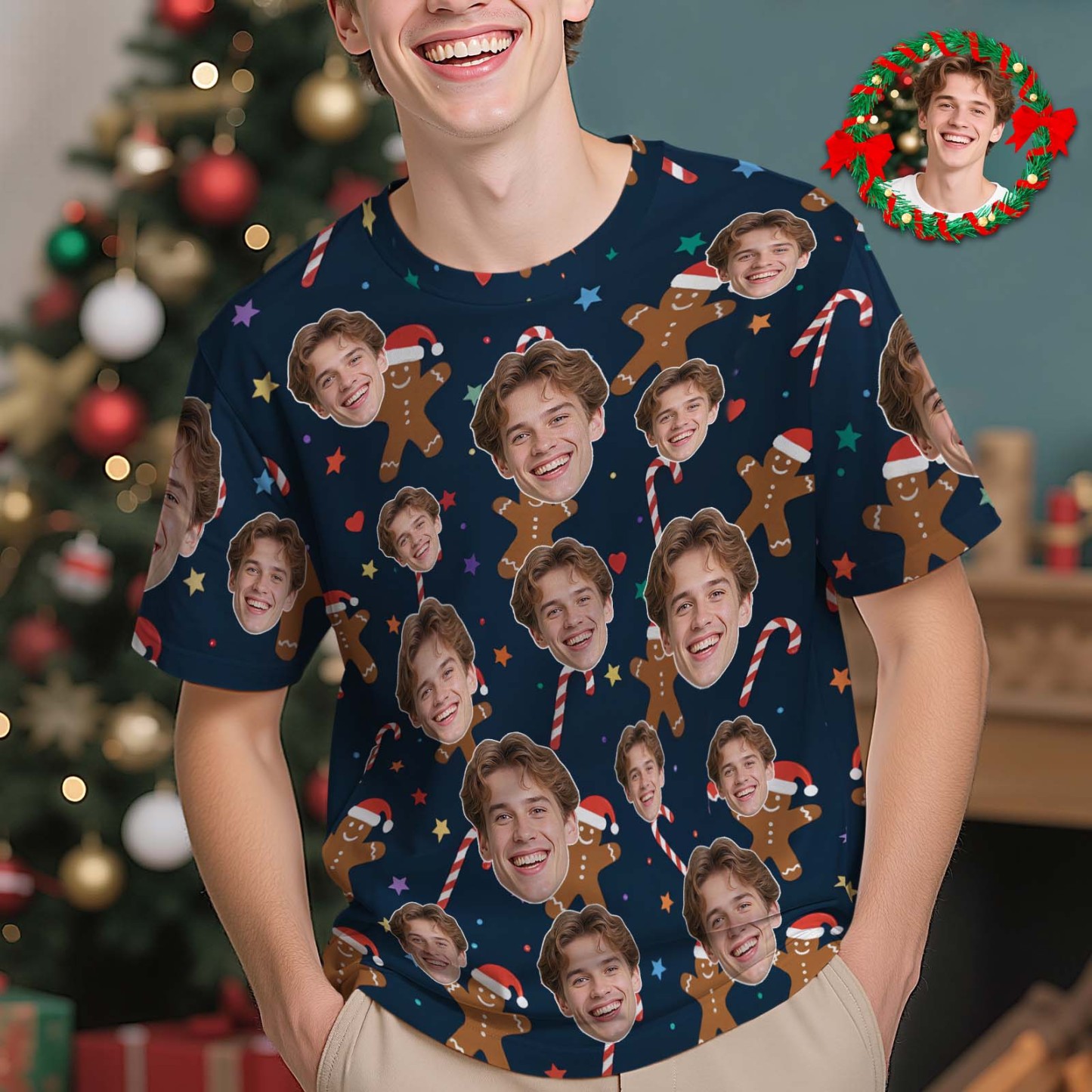 Custom Christmas T-Shirt with Photo Gingerbread Design Personalized Holiday Tee for Family Friends Couples Christmas Gift - myfacesockseu