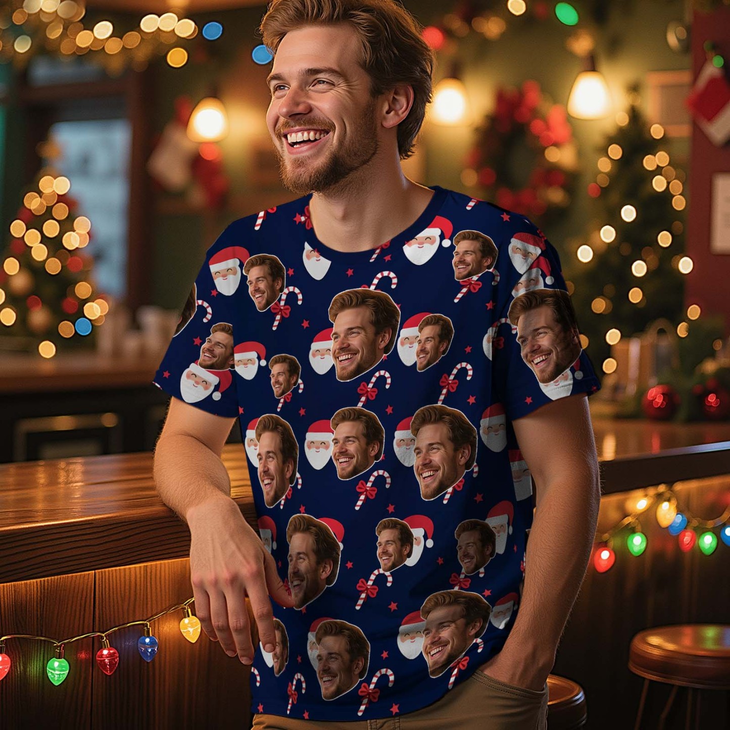 Custom Christmas T-Shirt with Photo Gingerbread Design Personalized Holiday Tee for Family Friends Couples Christmas Gift - myfacesockseu