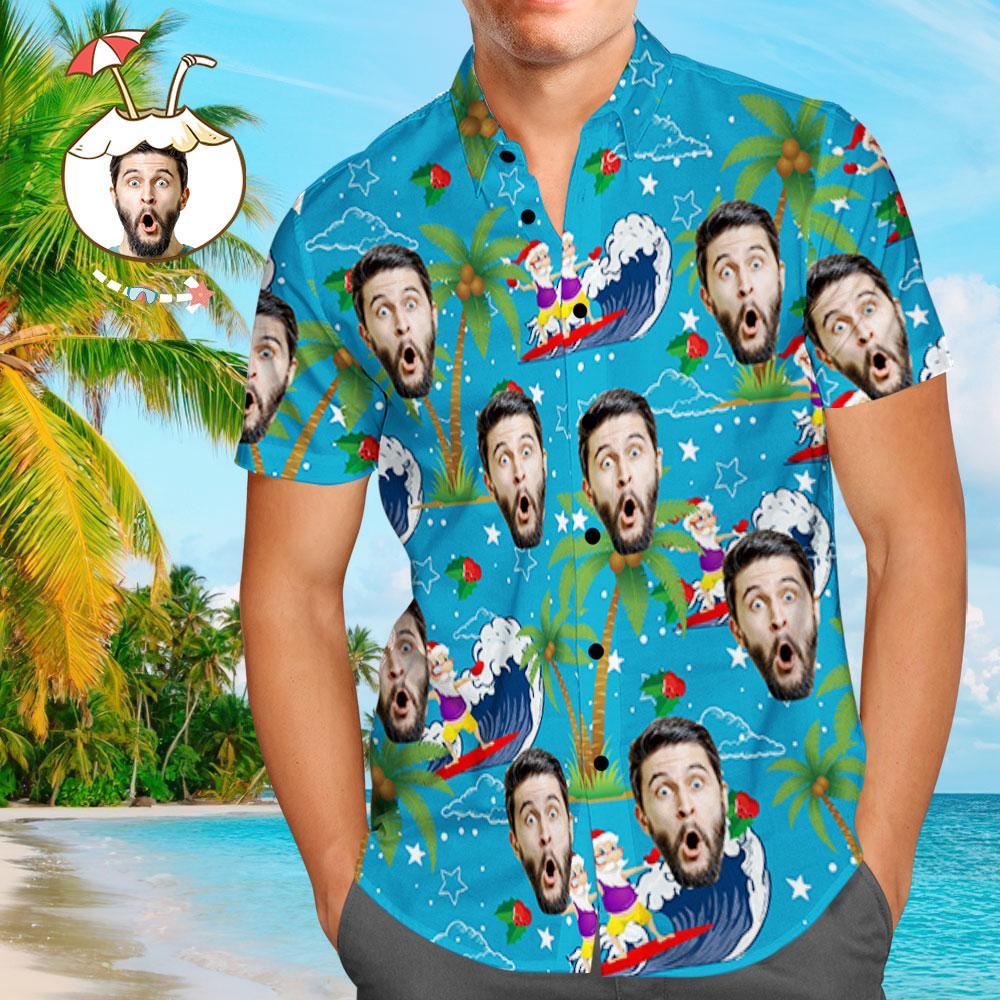 Custom Face Shirt Personalized Photo Men's Hawaiian Shirt Christmas Gift - Surfing Santa - MyFaceSocksEU